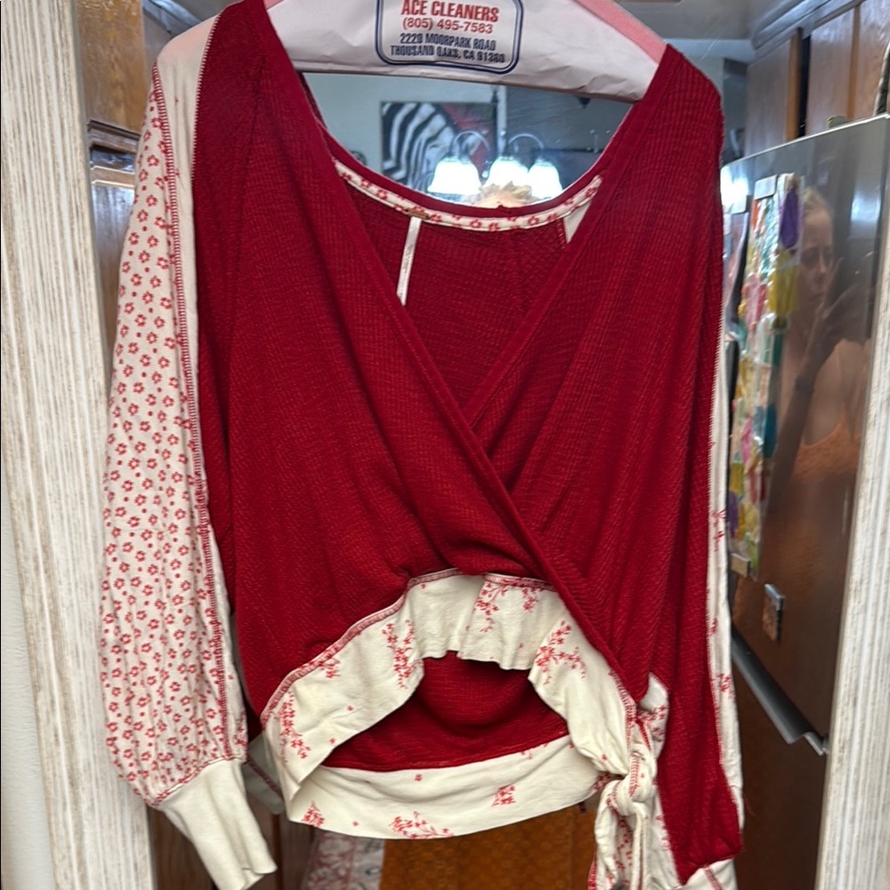 Red and Cream Floral Wrap Top